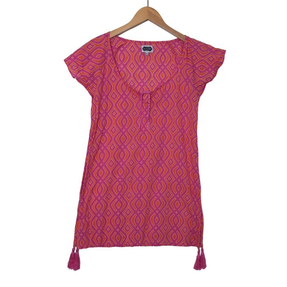 Mud Pie Cover Up Tunic Dress Women S/M Pink Orange Tassel Lightweight Beach Vaca